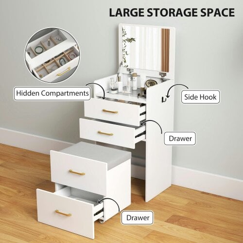 Wyld Haus Yova White Compact Dressing Table And Stool Set With Storage