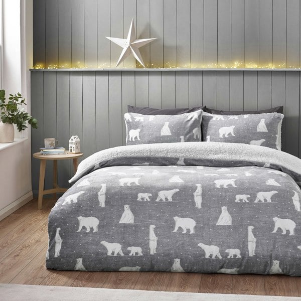 Catherine Lansfield Cosy Polar Bear Soft Sherpa Duvet Cover Set Grey