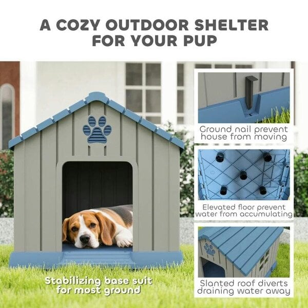 Dog Kennel Outdoor for Medium Dogs, Waterproof Plastic Dog House for Garden, Patio, 85 x 79 x 82 cm, Grey