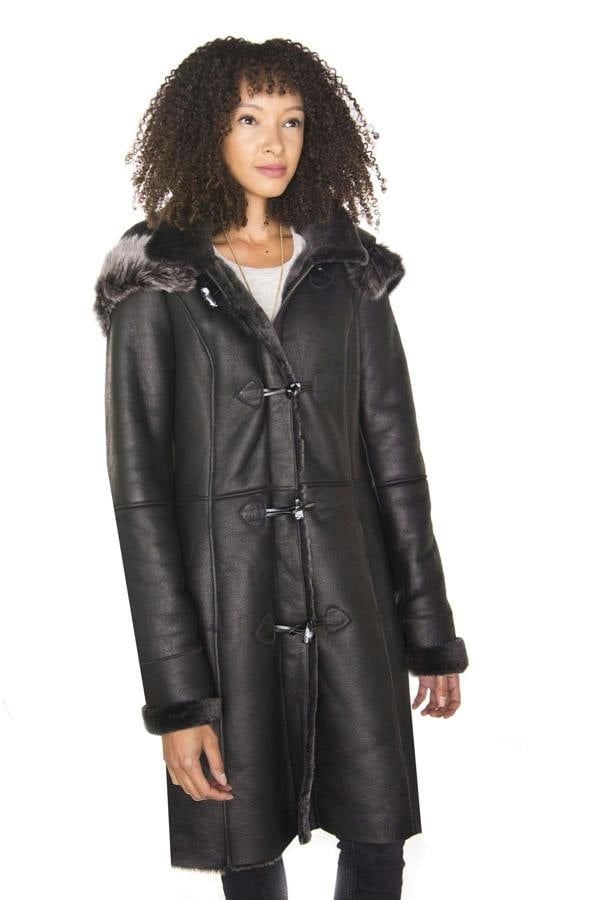 Infinity Leather Womens Black Sheepskin Hooded Duffle Coat-Ottawa