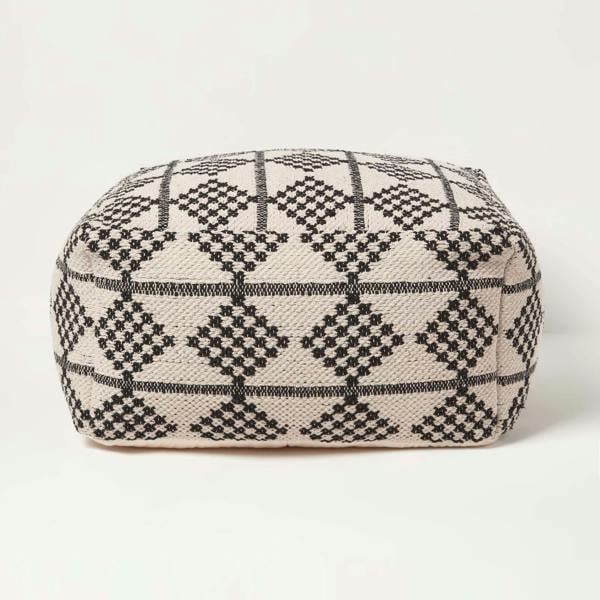 HOMESCAPES Adana Handwoven Textured Natural & Black Pouffe Bean Cube
