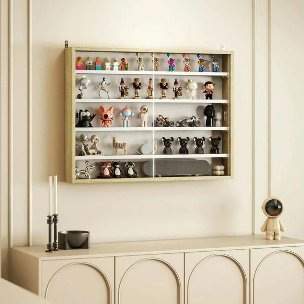 Wall display cabinet with natural wood frame and glass doors, showcasing decorative figurines