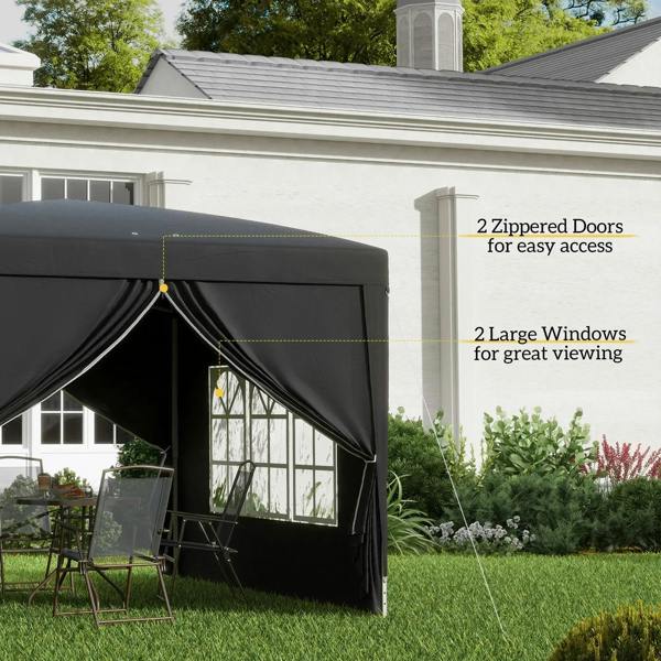 Black pop-up gazebo with two zippered doors and two large window panels on sidewalls