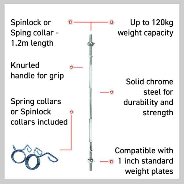 Straight barbell bar, 1.2m length, chrome steel, knurled grip, includes springlock collars, supports up to 120kg weight capacity