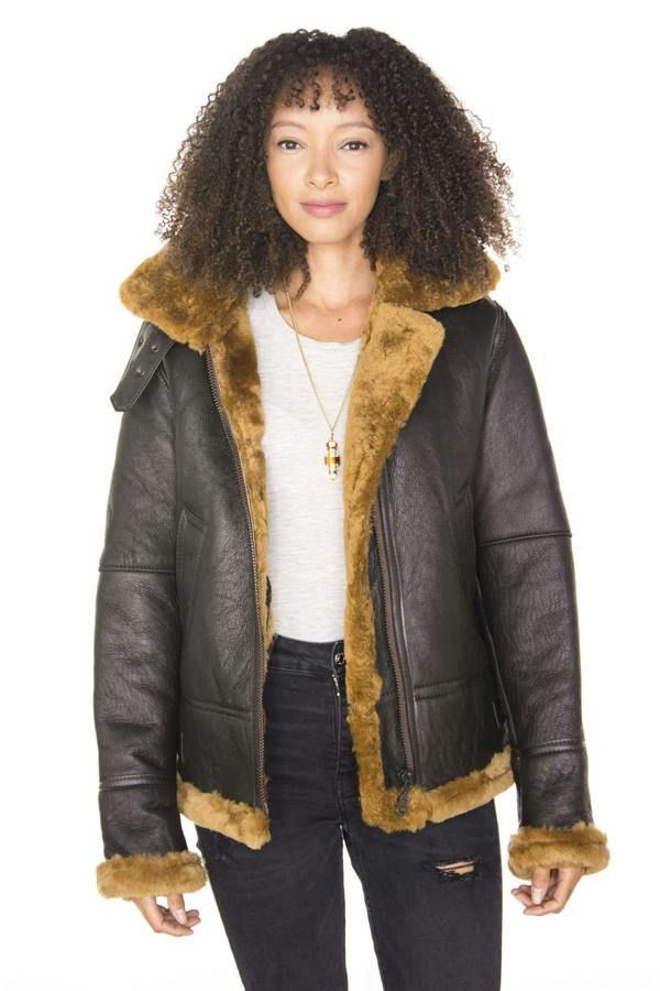 Infinity Leather Womens Hooded Sheepskin Flying Leather Jacket-Orford