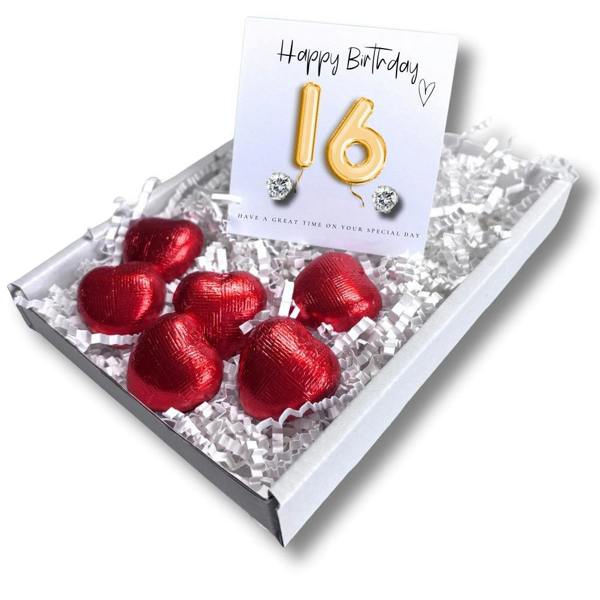 Aye Do Gifts 16th Birthday Cubic Zirconia Silver Earrings & Gold Balloons Mini Gift Hamper