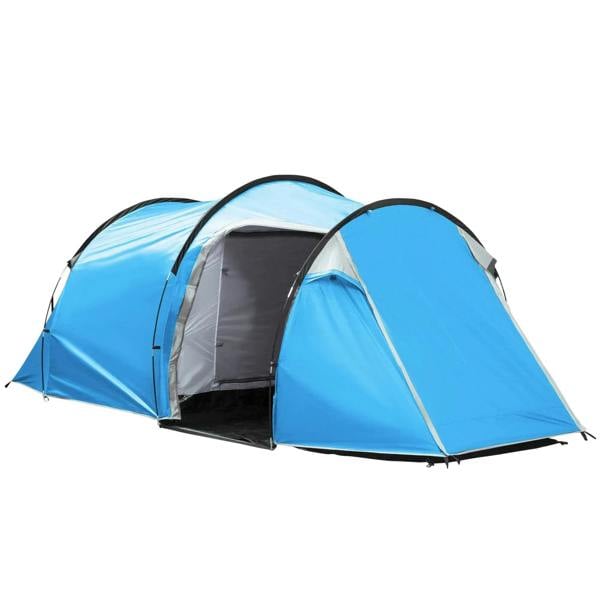 Light blue tunnel camping tent with dark gray interior and front vestibule door