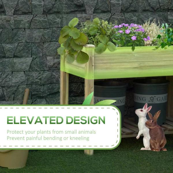 Elevated wooden planter bed with legs and open shelf, shown with potted plants and tools