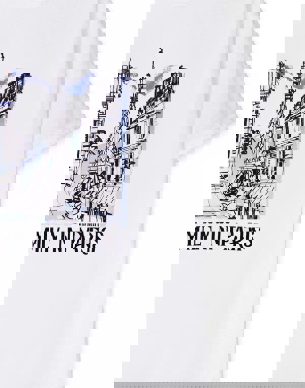 Emily In Paris Womens White Sketchy Cityscape Short Sleeved T-Shirt