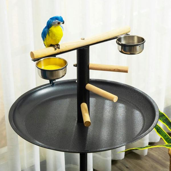 Close-up of black round tray bird feeder stand with two stainless bowls and wooden perches