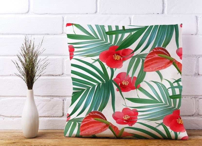 Warren Reed Tropical Flowers And Palm Leaves Hawaiian Cushions