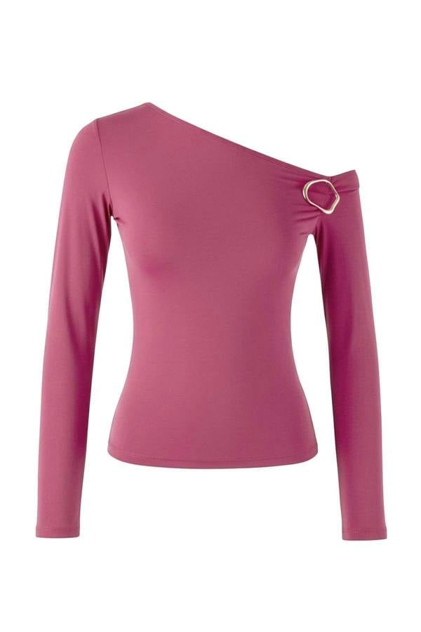 WOVCOR Asymmetric Collar Knit Blouse with Accessory Detail