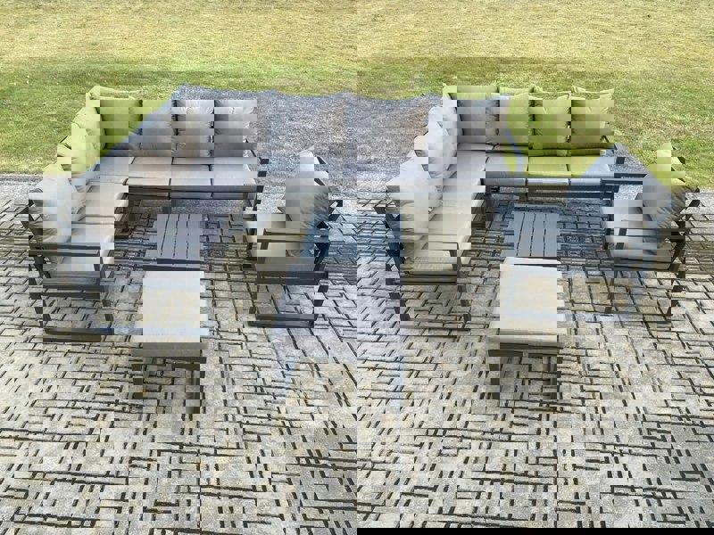 Fimous 8 Seater Aluminium Garden Furniture Set Outdoor Lounge Corner Sofa Chair Square Coffee Table Sets with Big Footstool Dark Grey