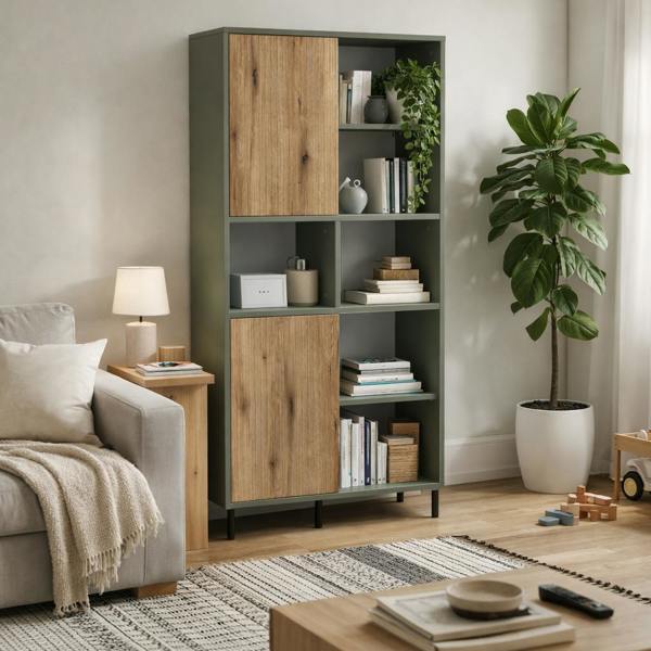 Wyld Haus Spentrup Green Olive and Natural Oak Wood Bookcase 2 Door