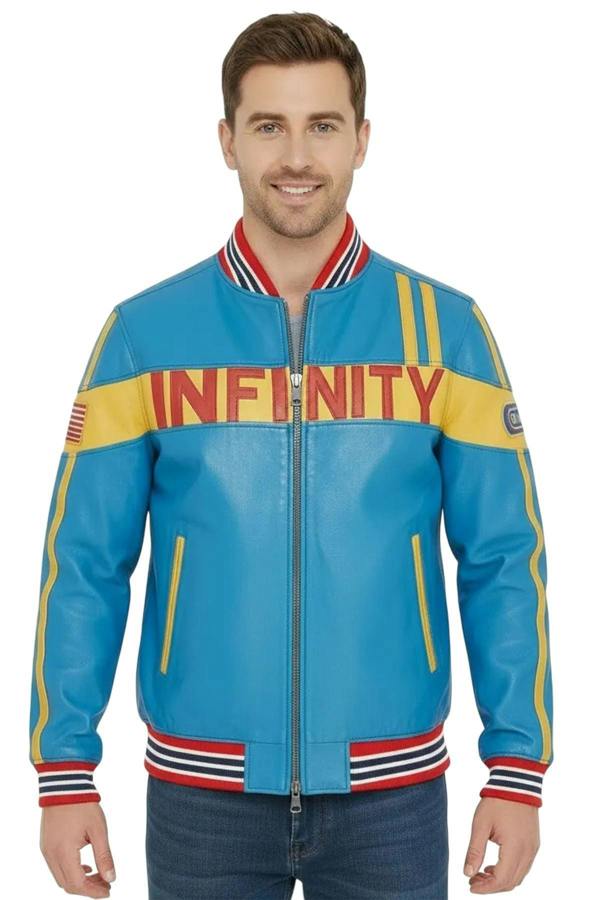 Infinity Leather Men's Blue Leather Track Racing Bomber Biker Jacket - Player