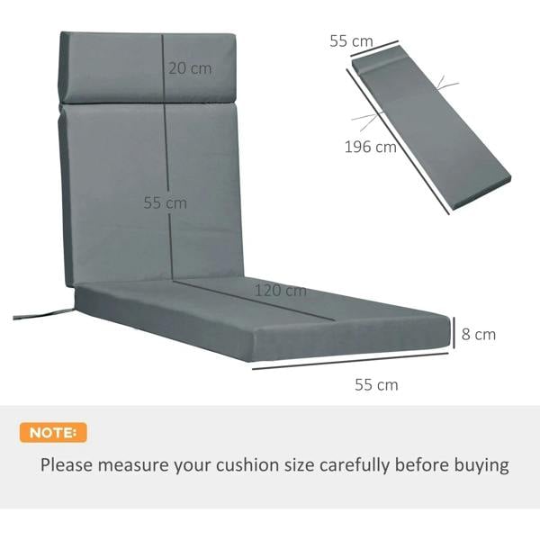 Dark grey sun lounger cushion with size markings: 196 x 55 cm, 8 cm thickness