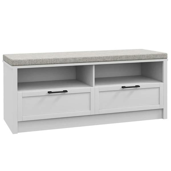 White shoe storage bench with removable grey cushion, open cubbies, and two drawers