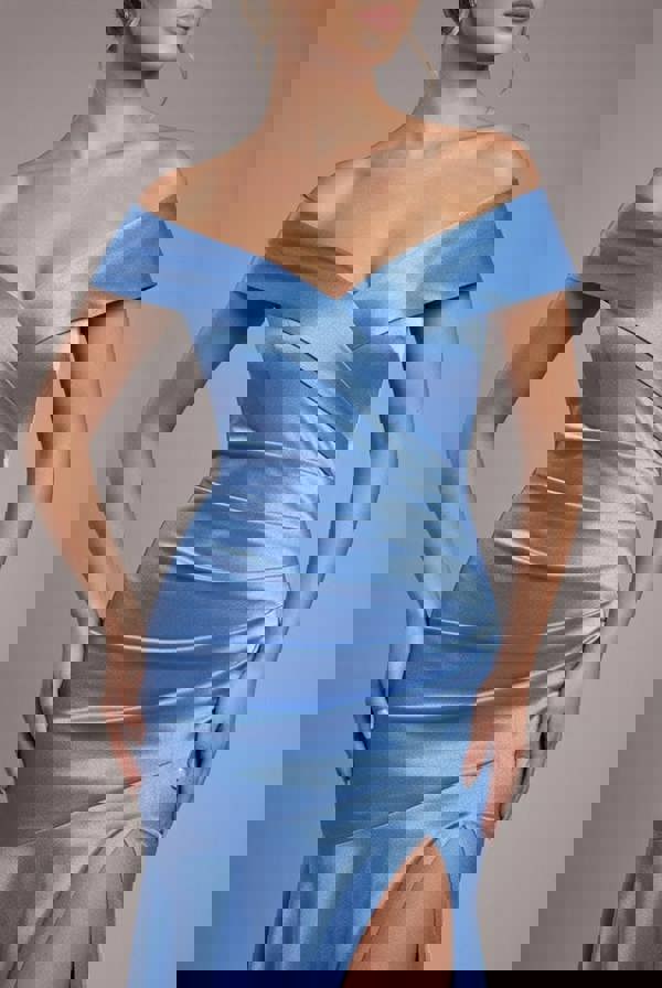 Satin Off Shoulder Pleated Maxi Dress - Dusty Blue DR3731