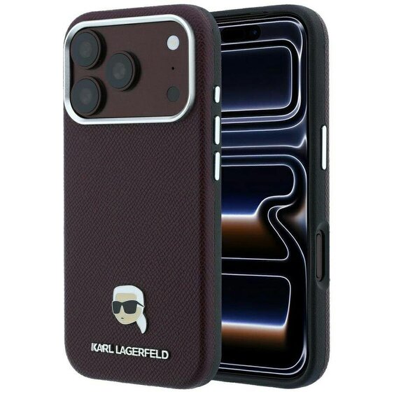 Karl Lagerfeld Grained Karl Head Metal Logo Case with MagSafe for iPhone 17/18 Pro 6.3" Burgundy - KLHMP18L6PSKHLR