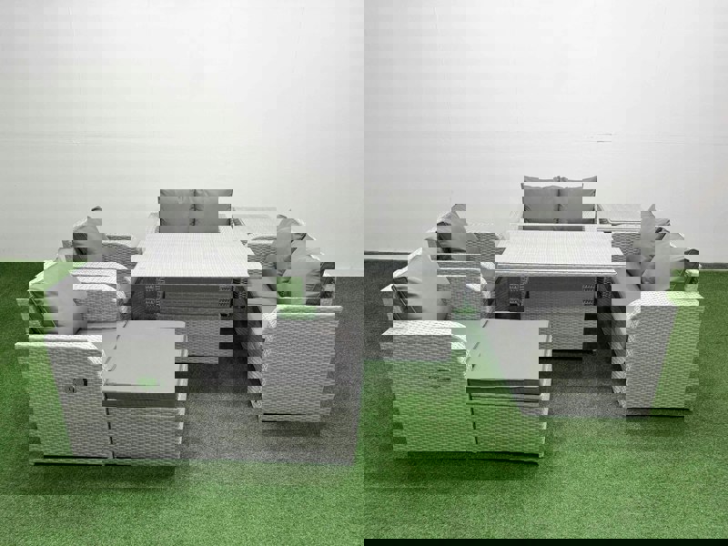 Fimous 7 Seater Light Grey Rattan Outdoor Reclining Sofa Set - Adjustable Lifting Dining/Coffee Table, Footstool & Side Table