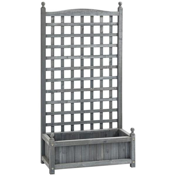 Grey wooden planter box with square trellis for climbing vines, rectangular base
