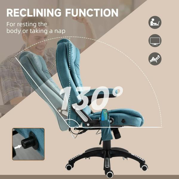 Blue velvet recliner chair shown reclined up to 150° with footrest and swivel base