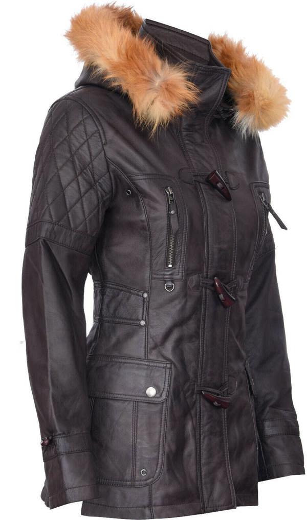 Womens Quilted Leather Hooded Parka Jacket-Northampton - Upperclass Fashions 