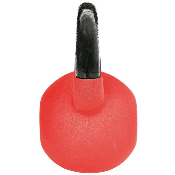 Red 10 kg soft kettlebell with upright black handle, close-up