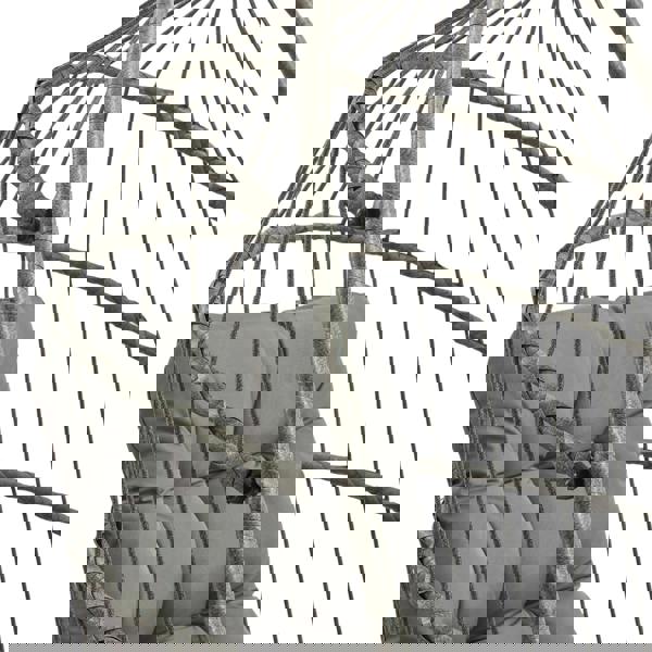 Stylish grey rattan hanging egg chair featuring a cushioned seat and intricate woven design, perfect for indoor or outdoor relaxation