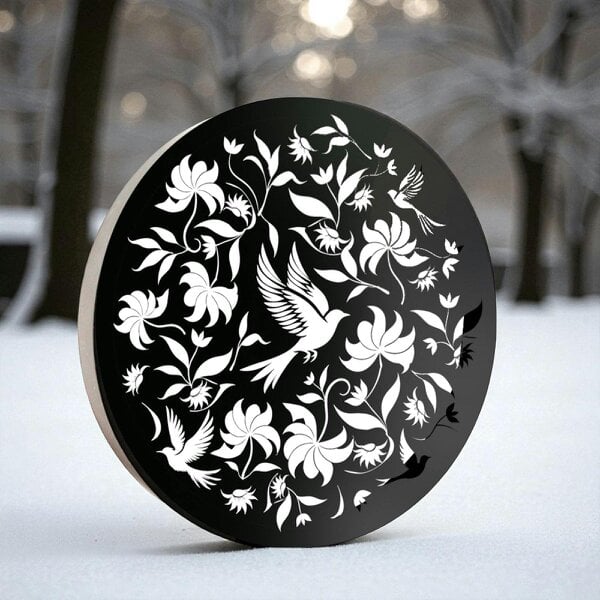EDH Door Hardware Round Solar Wall Panel with Birds, Outdoor Metal Wall Art with LED Light, Weatherproof Garden & Patio Décor