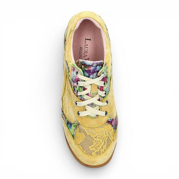 Laura Vita Women's Tivanao-05 Yellow Floral Leather Trainers Sneaker Shoes