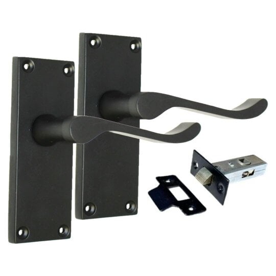 EDH Door Hardware Matt Black Victorian Scroll Door Handles on Backplate – 118mm x 42mm + Tubular Latch