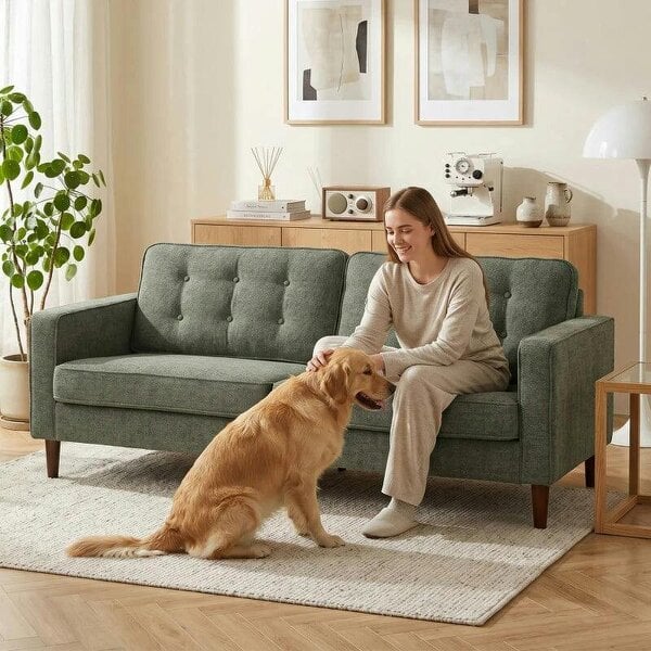 3 Seater Sofa Button Tufted Upholstered Couch with Wood Legs for Living Room, Green