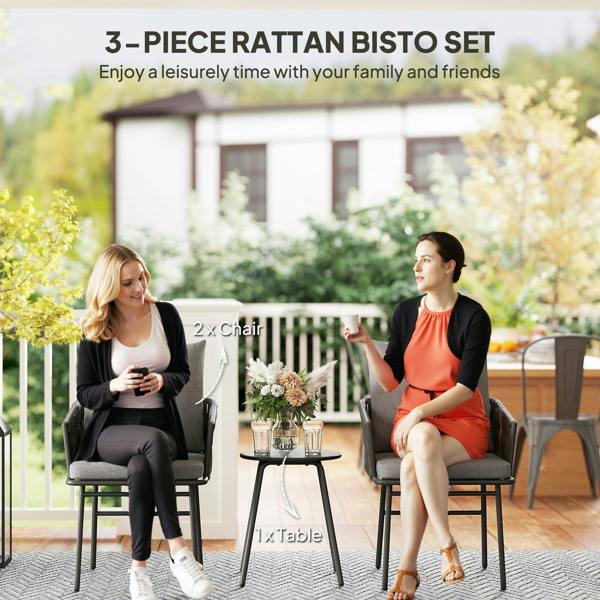 Wyld Haus Sunoco Grey Rattan Weave Rope 3 Piece Bistro Set With Cushions And Glass Coffee Table