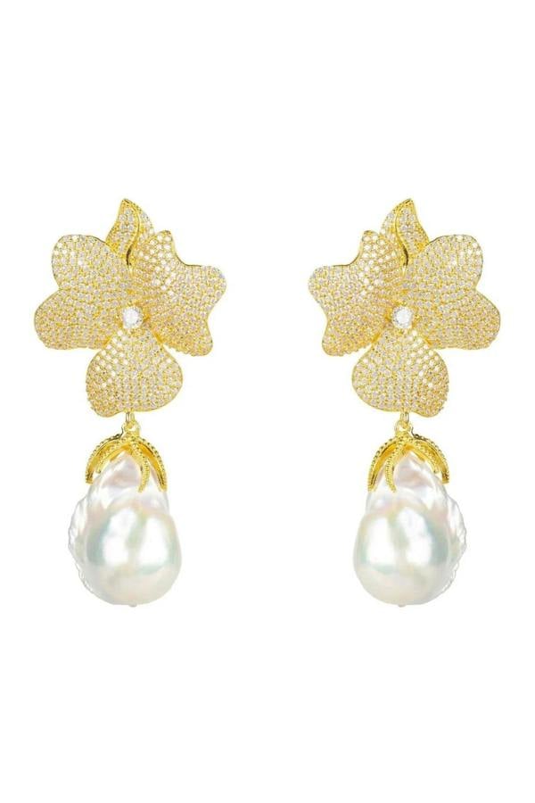 Baroque Pearl White Flower Earrings Yellow Gold - LATELITA Earrings