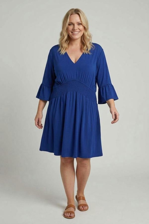 Blue | Curve Shirred 3/4 Sleeve Midi Dress
