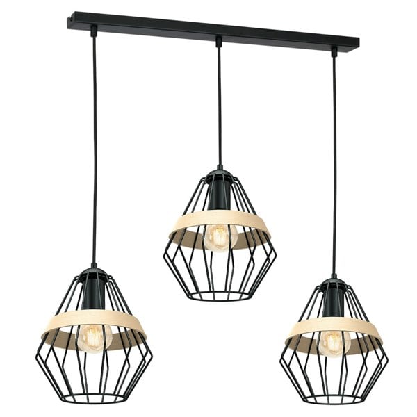 Milagro Cliff Black Pendant Lamp 3XE27 Hand Made Matt Black Cage Style Lamps With Natural Wood Detail