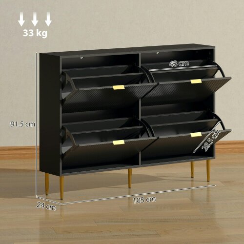 Wyld Haus Cofa Zimo Wooden Black Elegant 4 Ribbed Drawer Shoe Cabinet Gold Handles