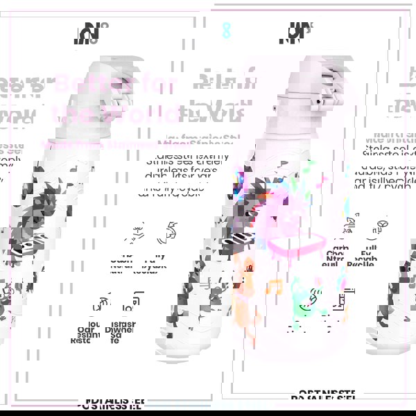 A stainless steel water bottle, featuring a playful design, sits against a white background. The bottle is described as durable, recyclable, carbon neutral, odour resistant, and dishwasher safe.