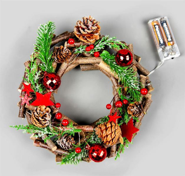 22cm Battery Operated LED Twig Wreath with Warm White Lights and Red Festive Details image 1