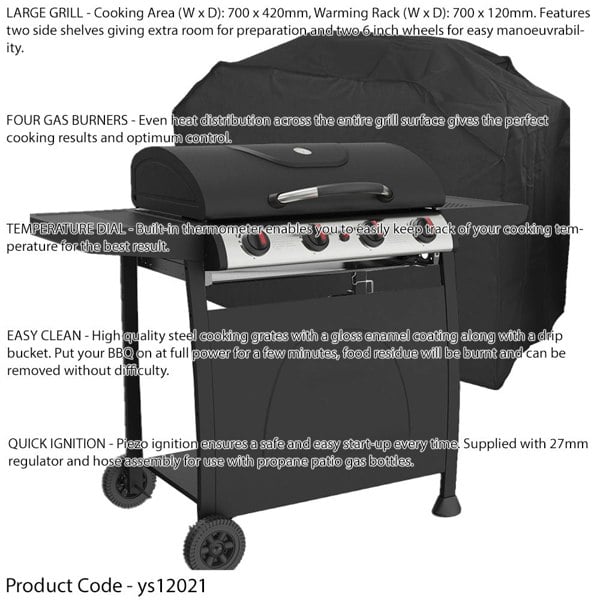 4 Burner Gas BBQ Grill & Cover Set - Ignition Portable Garden Cooking Easy Clean - LoopsDirect