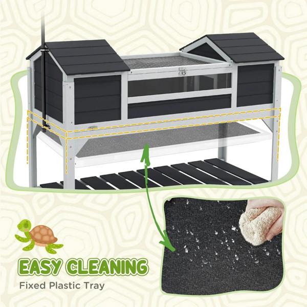 Grey wooden tortoise enclosure with fixed plastic tray under the basking platform