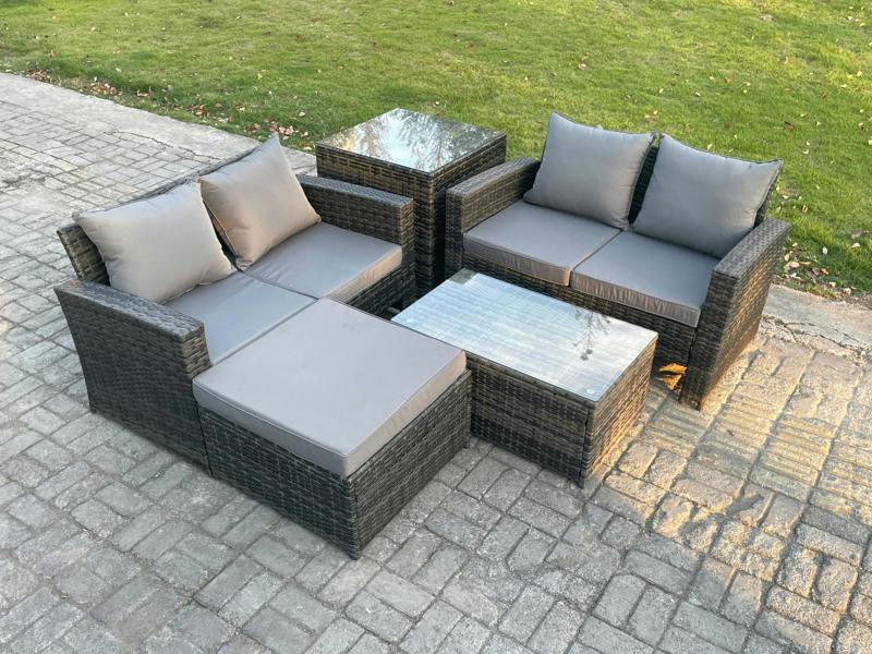 Fimous 5 Seater Wicker Rattan Garden Sofa Set, Coffee Table, Double Seat Sofa, Big Footstool and Side Table, Outdoor Rattan Set, Dark Grey Mixed