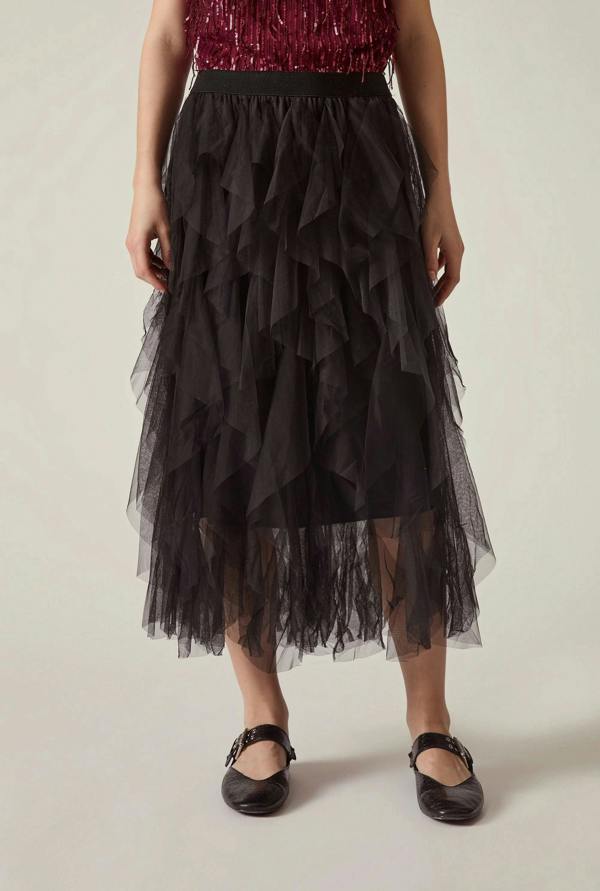 James Lakeland Black Tulle Ruffle Midi Skirt