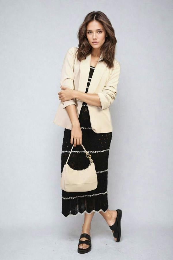 Valerie Ruched Sleeve Open Front Blazer Jacket With Front Pockets - Beige