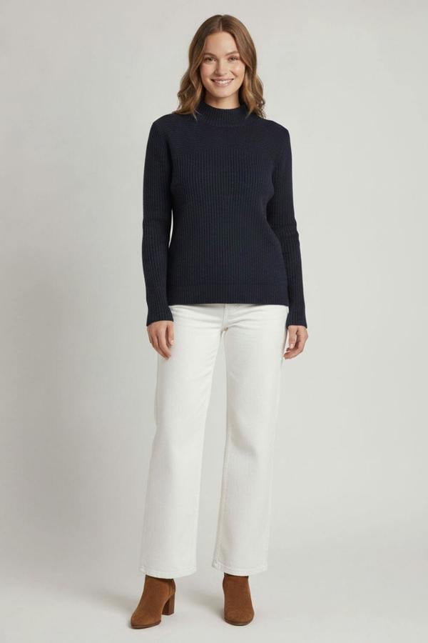 Navy | Striped Texture High Neck Slim Knit Top
