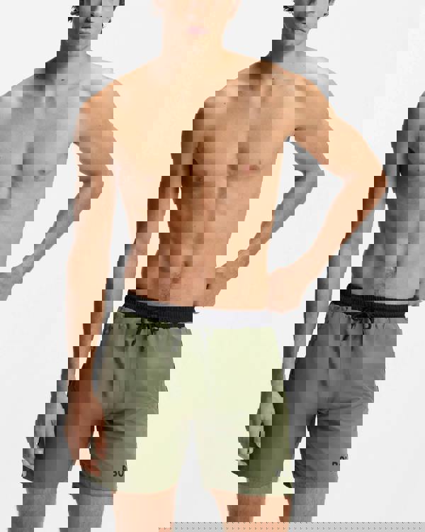 Model wearing BOSS Orange Starfish Mens Swim Shorts - Open Green 350 - Front