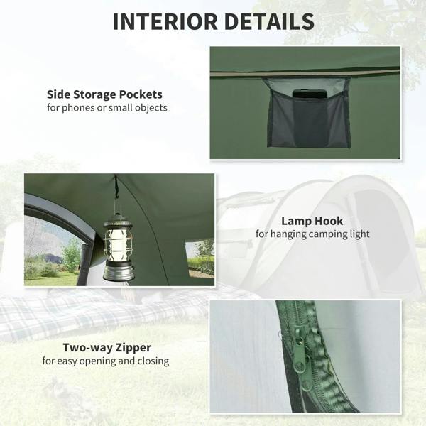 Pop-up camping tent interior details: side storage pockets, lamp hook, and two-way zipper