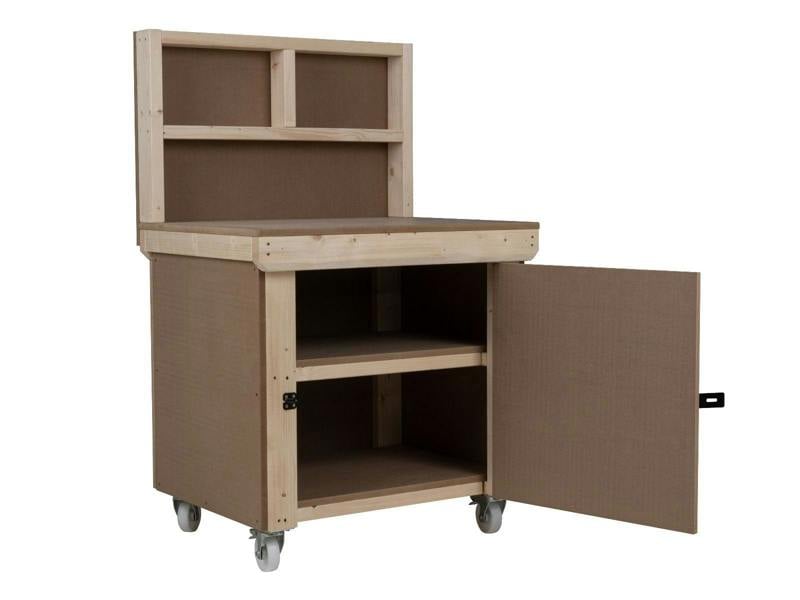 Arbor Garden Solutions Wooden MDF Top Workbench With Lockable Cupboard (V.9) with back panel, double shelf and wheels