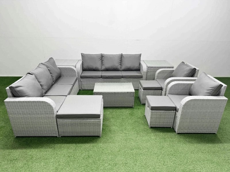 Fimous PE Rattan High Back Lounge Sofa Set Patio Coffee Table & Chairs Set with 3 Seater Sofa Reclining Chair 3 Stools 2 Side Table Light Grey